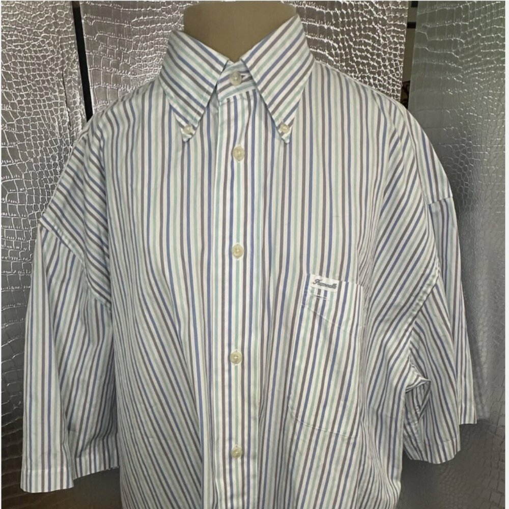 Faconnable Short Sleeve Shirt Mens XXL Reg Fit Button Blue Green Gray Stripes